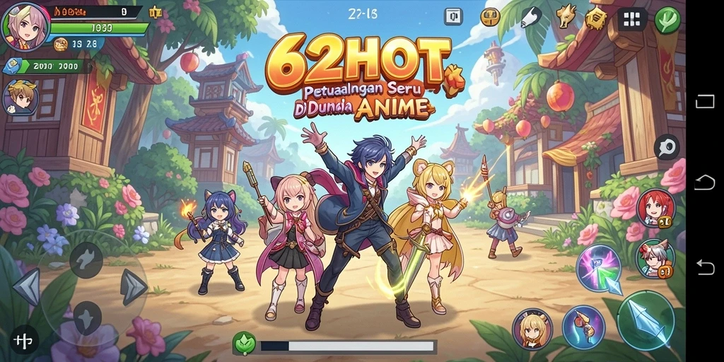 Tangkapan layar gameplay 62HOT menampilkan aksi karakter anime yang menegangkan.