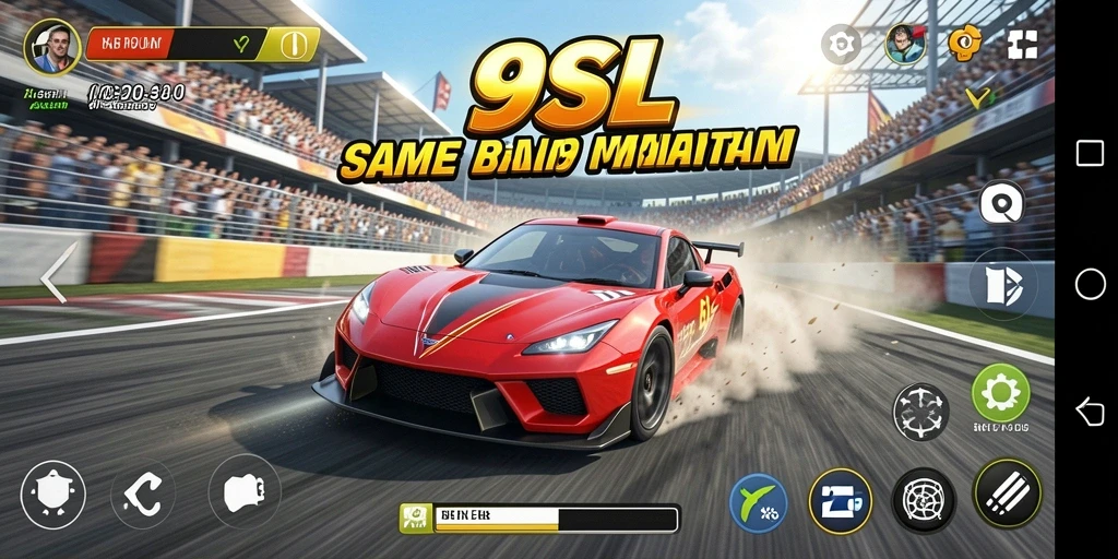 Screenshot gameplay 9SL menampilkan mobil balap di lintasan yang menegangkan.