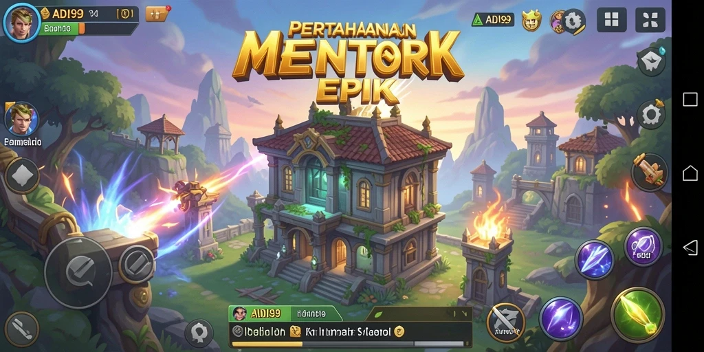 Tampilan gameplay ADI99 dengan berbagai menara melindungi kerajaan.