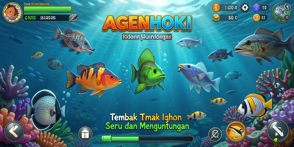 Screenshot gameplay AGENHOKI yang menampilkan aksi tembak ikan yang seru.