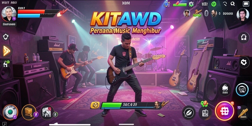 Screenshot utama KITAWD menampilkan gameplay musik yang mengasyikkan dan penuh warna.