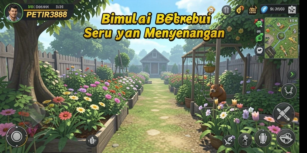 Tampilan gameplay menarik di PETIR388 dengan kebun yang indah.