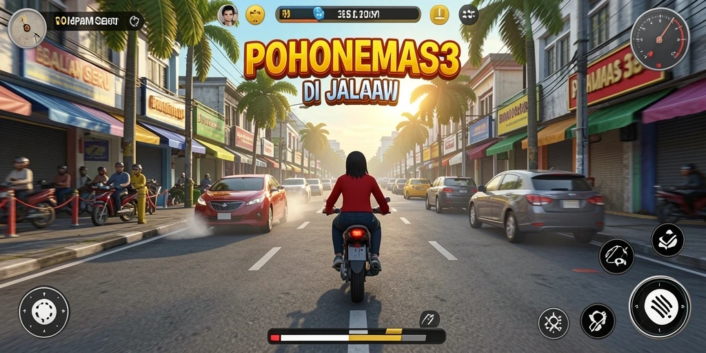 Screenshot gameplay POHONEMAS33 yang menunjukkan kecepatan balapan di jalanan.