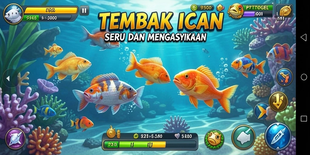 Screenshot gameplay PTTOGEL dengan aksi menembak ikan.