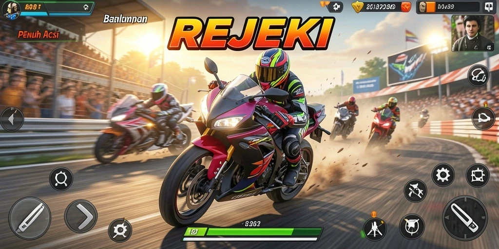 Screenshot gameplay REJEKI menampilkan aksi balapan motor yang mendebarkan.