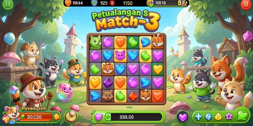 Screenshot gameplay RR44 menampilkan momen seru dalam permainan Match-3.