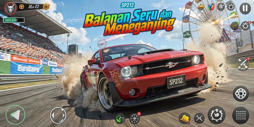 Screenshot gameplay SP212 dengan mobil balap beraksi di lintasan.